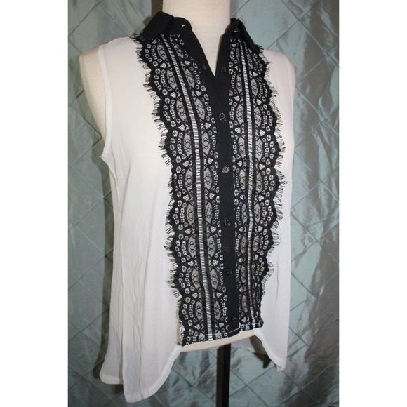 New Direction Women Med Petite Black White Button Up Sleeve High Low Lace Top - Picture 1 of 10